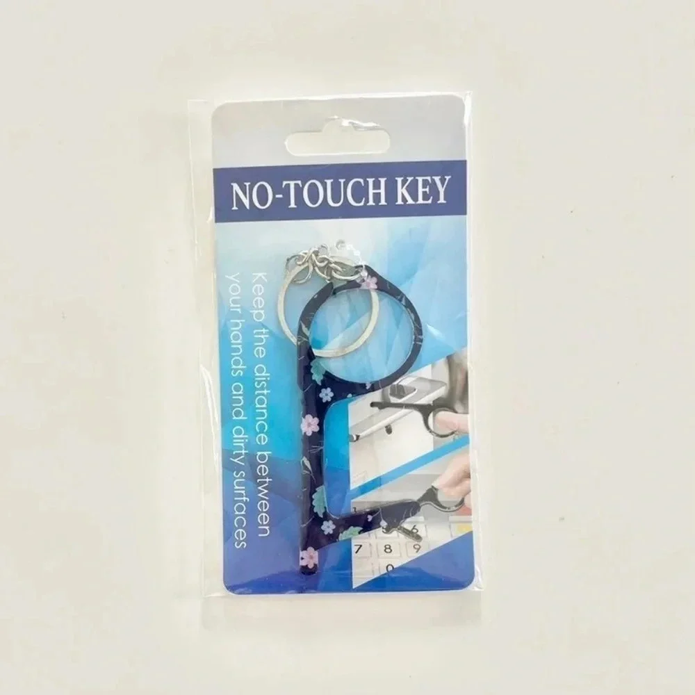 No-Touch Key and Door Handle Opener Keychain Navy Blue Floral Print Design